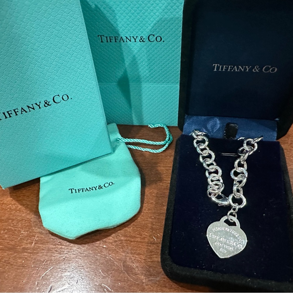 Tiffany & Co. Silver Heart Charm Bracelet with Blue Packaging